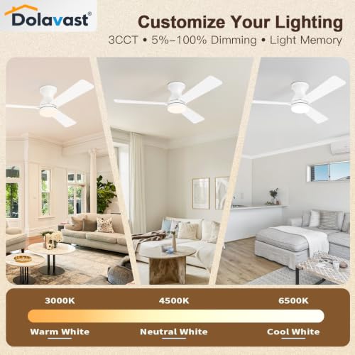 48-Inch White Flush Mount Ceiling Fan with Lights and Remote Control