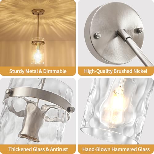 2 Pack Modern Brushed Nickel Pendant Lights with Handblown Hammered Glass