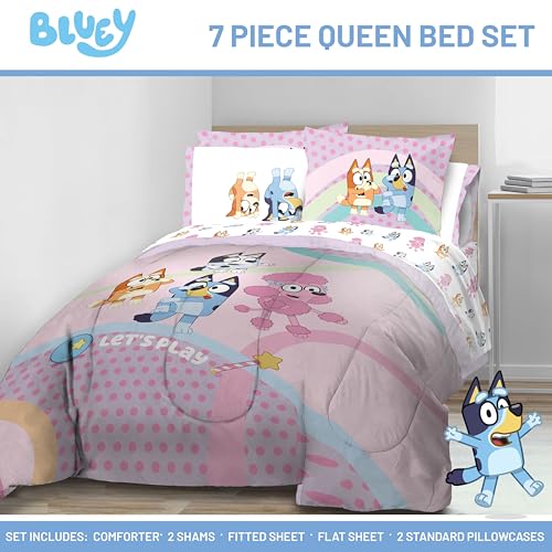 Bluey Bingo Queen Kids Comforter Set 7 Piece Bedding for Girls, Pink - Queen Size