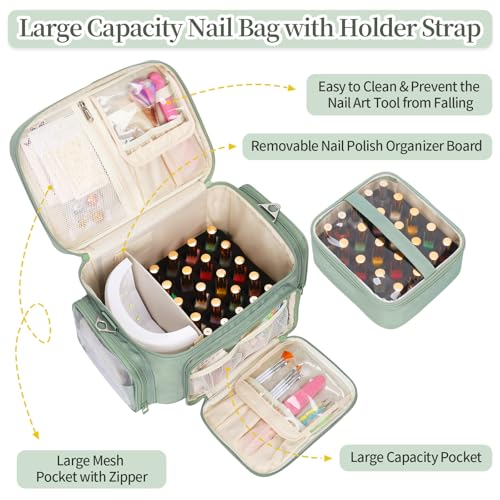 Nail Polish Organizer, Nail Polish Storage Holds 42+ Bottles & Nail Lamp, Portable Travel Nail Kit Storage Carrying Case Fits Nail Suppiles, Gift for Manicurist, Grils - Green