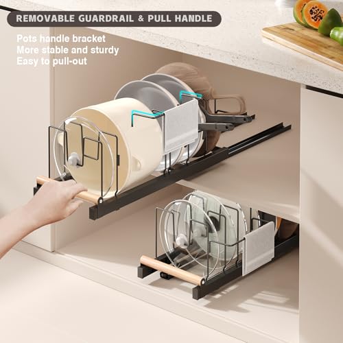 Magheo 2 Pack Black Pull-Out Under-Cabinet Pots & Pans Organizer, 16.7-23.6" Depth with 10 Adjustable Dividers