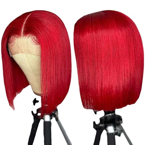 Red 10 Inch Human Hair Bob Wigs 13x4 Lace Frontal Short Blunt Cut Glueless Wigs for Black Women