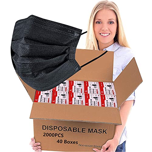 Bulk Black Face Masks - 2000 Pack, Non Woven 3-Layer Masks with Adjustable Ear Loops