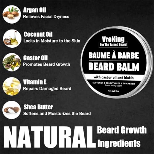 Biotin Beard Balm For Men With Castor Oil, Organic Mens Beard Balm, Beard Butter Leave In Conditioner, Beard Thickener Moisturizer Softener For Men Coarse Facial Hair, Milky, 60g