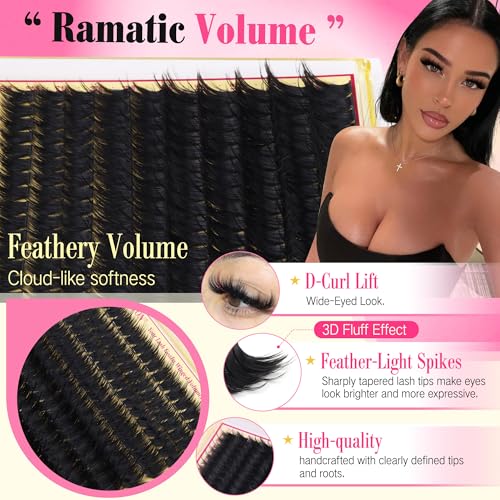 Volume Lash Clusters Kit with Spikes Lash Extension Kit 300D Lashes Cluster Eyelash Clusters 10-18mm Thick D Curl Lash Clusters 3D Fluffy Cluster Eyelash Extensions Lash Bond and Seal Tweezers Brush