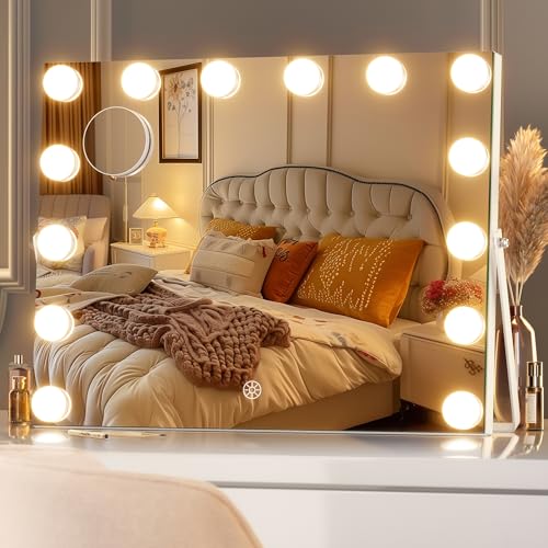 Hasipu Vanity Mirror with Lights, 17.7" x 13.8" Hollywood Mirror, Makeup Mirror with 14 Dimmable Bulbs and 10X Magnification, 3 Colors Modes, Touch Control, 360¡Æ Rotation, White