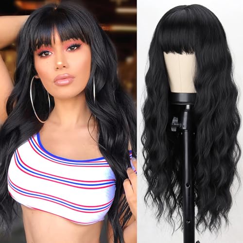 Long Black Wig with Bangs - Wavy Synthetic Hair for Women - Variation: Black
