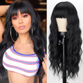 Long Black Wig with Bangs - Wavy Synthetic Hair for Women - Variation: Black
