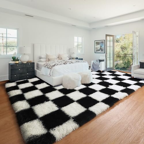 8x10 Black and White Checkered Shag Area Rug - Large Fluffy Plush Carpet for Living Room & Bedroom - Non-Slip Fuzzy Fuzzy Fuzzy Rug for Kids & Home Decor