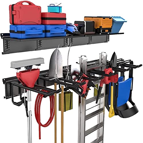 96-Inch Black Garage Storage Rack with Wall Mount Overhead Shelves - Heavy Duty Steel