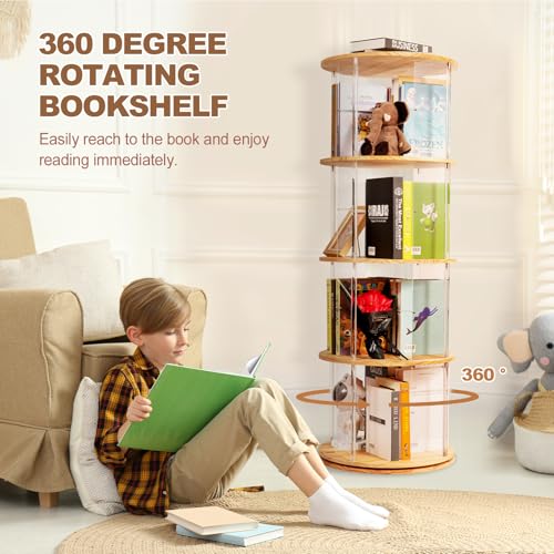 4-Tier Natural Round Rotating Bookshelf - 360° Spinning Book Tower with Solid Wood & Clear Acrylic