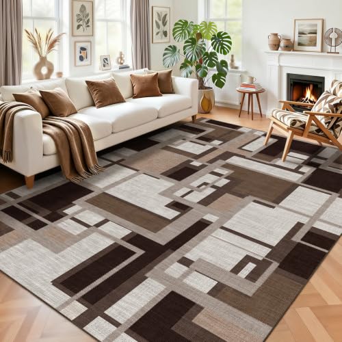 Mocha Brown Geometric Area Rug 6x9 - Washable, Non-Slip Living Room Carpet