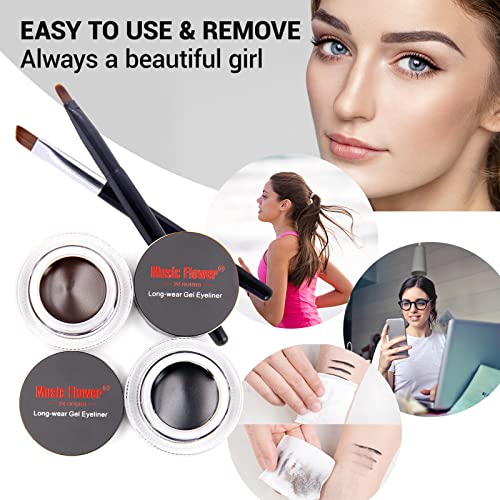 Music Flower Gel Eyeliner, Black and Brown Eyeliner Waterproof Long Lasting Smudge Proof Gel Liner with 2 Brushes, Easy to Apply Eye Makeup 3 g, Pack of 2