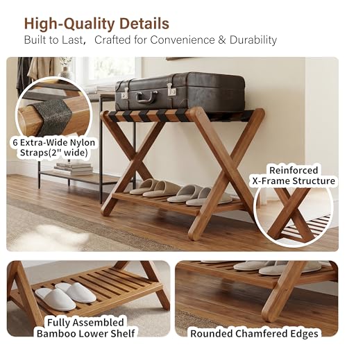 Walnut & Black Bamboo Luggage Rack for Guest Room Pack of 2 - Foldable & Stable Suitcase Stand