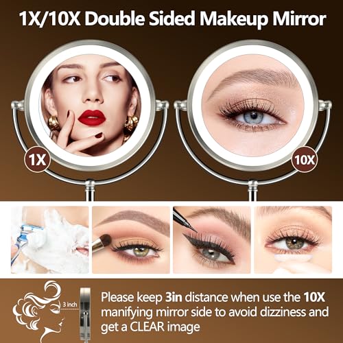 Silver 10X Lighted Makeup Mirror with 3 Color Modes & Adjustable Brightness
