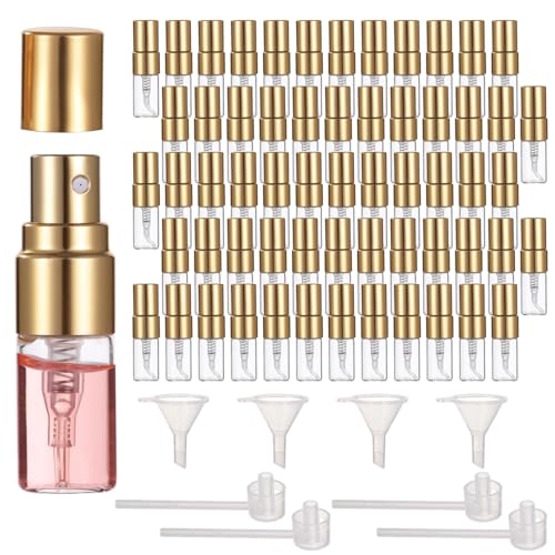 Lnrueg 100 Pcs Mini Spray Bottles, 0.07 oz/2 ml Refillable Glass Perfume Bottles, Portable Travel Sample Containers with Caps, Fine Mist Atomizers with 4 Funnels and 4 Dispensers, Gold