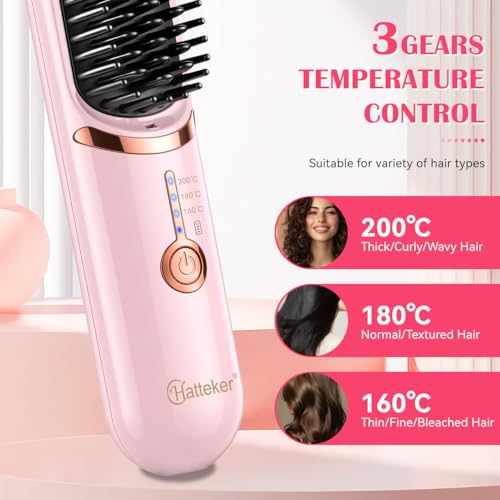 Hatteker Cordless Hair Straightener Brush Pink - Travel & Detangling Styling Tool