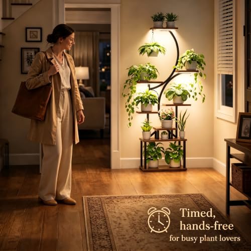 8-Tier Indoor Plant Stand with Grow Lights - Tall S-Shaped Corner Shelf - Brown - 62"