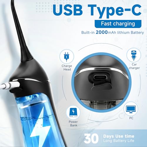 Black Cordless Water Flosser for Teeth & Braces, 300ML Travel Dental Cleaner