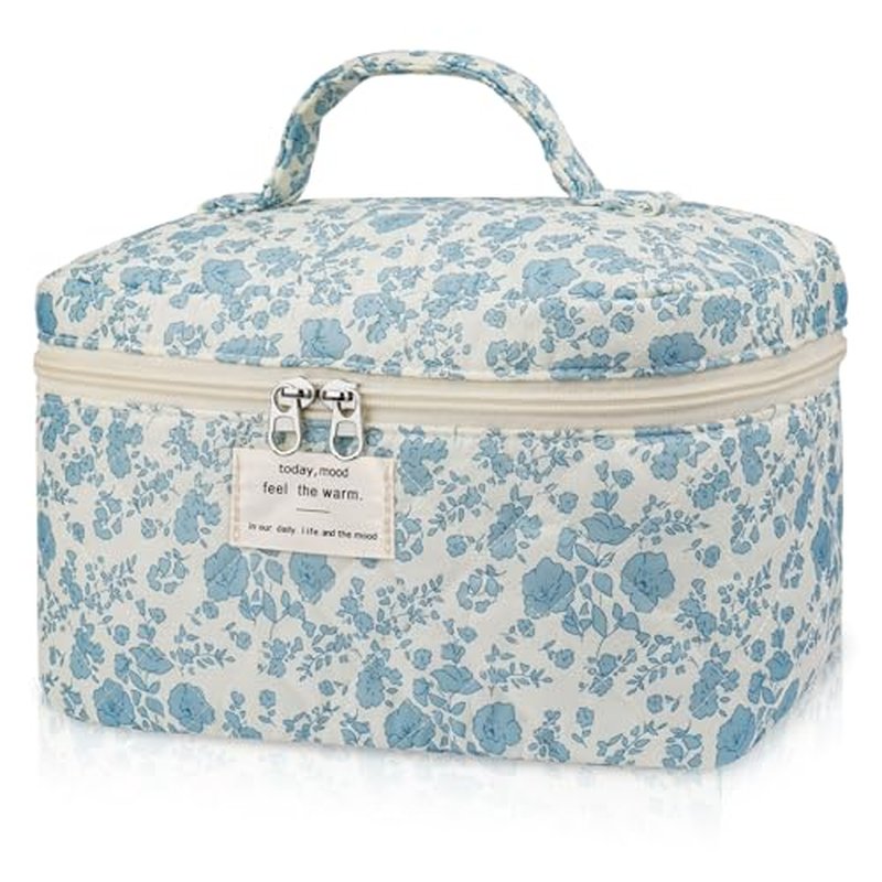 Large Floral Makeup Bag for Women, Cute Quilted Cosmetic Bag Travel Toiletry Organizer Make up Bag, Coquette Aesthetic Big Makeup Bags for Girls Gift (Blue)