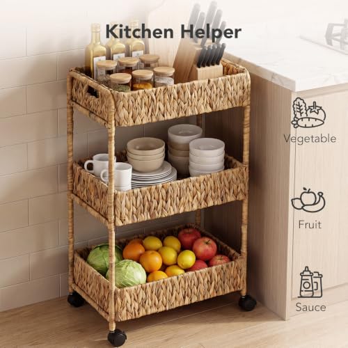 Water Hyacinth 3-Tier Rolling Cart with Wheels - Natural Brown & Black, Nursery & Home Storage