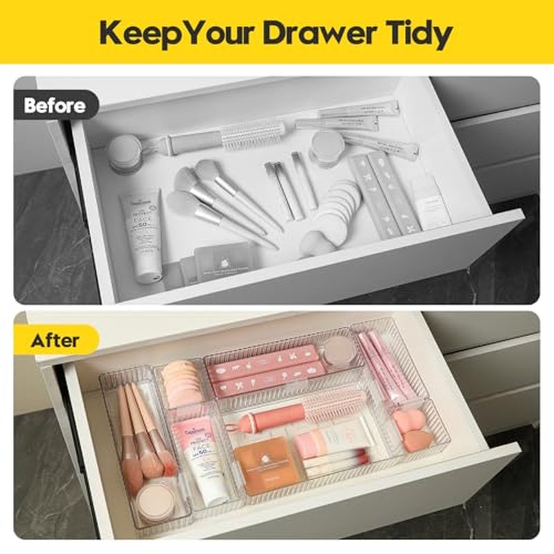 7 PCS Clear Drawer Organizer Bins with Locking Clips - Stackable Interlocking Makeup Vanity Organizer Trays for Bathroom, Cosmetics, Kitchen, Office - Acrylic Storage Containers Set