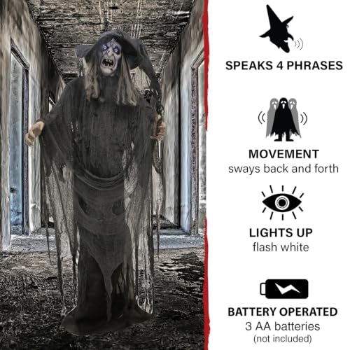 69-Inch Life-Size Animatronic Witch with Touch-Activated Lights and Sound - Creepy Halloween Decoration