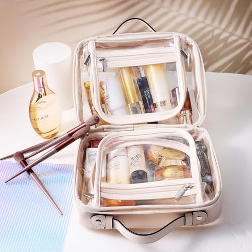 SANHECUN Clear Travel Toiletry Bag with Multiple Compartments - Waterproof Makeup & Cosmetic Organizer - Beige, Medium