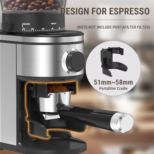 Electric Coffee Grinder with 30 Settings - Shiny Silver & Black, Adjustable Burr Mill for Home Use