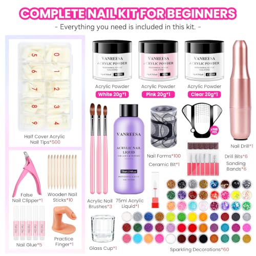 VANREESA Acrylic Nail Kit with Gel Polishes, Tips & Salon Tools for Beginners