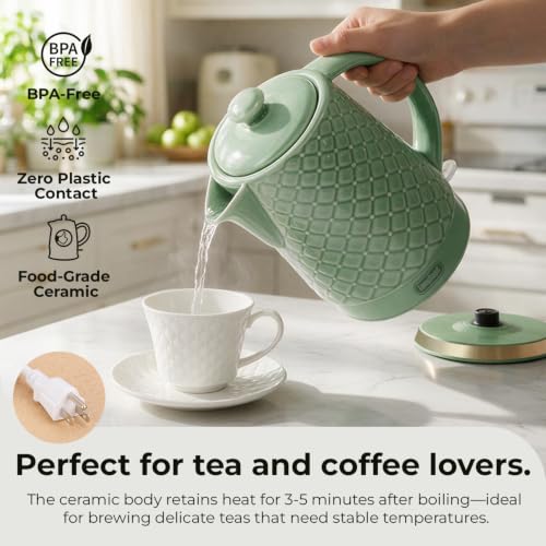 1.5L Ceramic Electric Kettle - Green Embossed Relief Design, Fast Boil, Auto Shut-Off