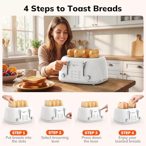 Keenstone 4-Slice Retro Stainless Steel Toaster White - Dual Controls & Wide Slots