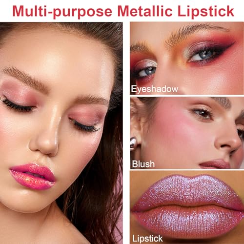 Shimmer Metallic Lipstick, High-Pigment Full Coverage Lip Color, Long-Lasting Waterproof Smudge Proof, Lightweight Hydrating Creamy Formula Metallic Frosted Lipstick for Women Girls