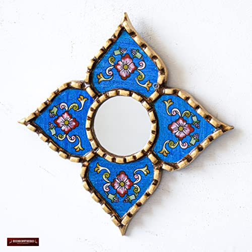 Peruvian Painted Glass Mirror with Bronze Leaf Framed - Handmade Diamond Mirror 6in for Gallery Wall (Blue)