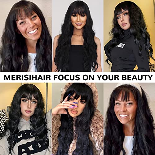 Long Black Wig with Bangs - Wavy Synthetic Hair for Women - Variation: Black