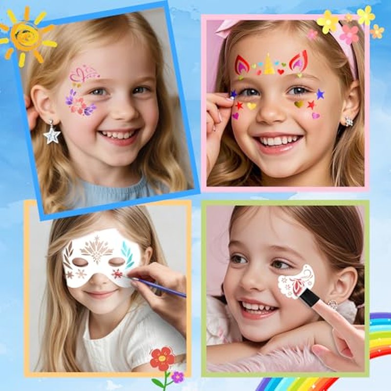 58 PCS Face Paint Stencils for Kids and Adults, 36 Reusable Facial Painting Templates, 6 Sticky Tattoo Stencils, 10 Makeup Brushes, 2 Adhesive Gem Stickers, 4 Finger Sponges for Party Makeup