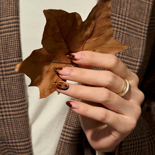 BTArtbox Short Almond French Tip Press On Nails with Amber Hoops Variation - 32 Pc Kit