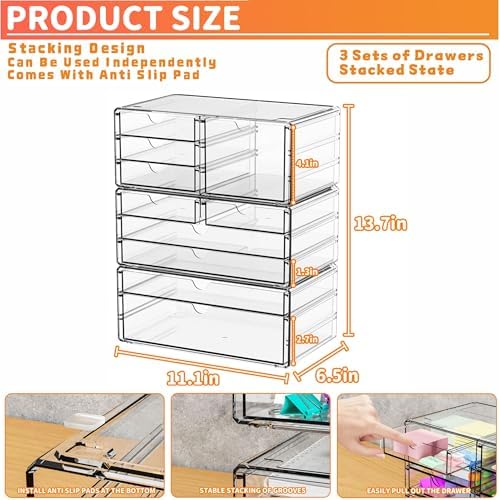 Yieach 3 Pack Clear Storage Drawers With 10 Drawers,Stackable 11.1¡± Large Acrylic Drawer Organizer and Makeup Organizer For Vanity,Bathroom Countertop,Cabinet,Pantry,Office Supply Storage Bins Drawers