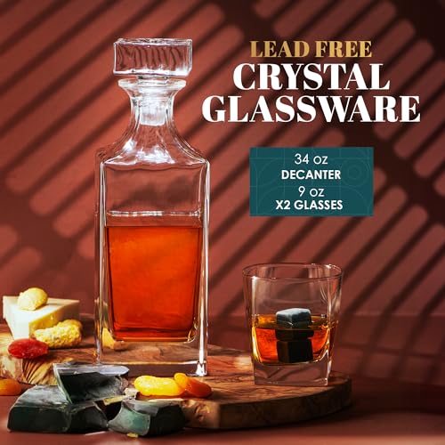 Whiskey Decanter Set with Glasses and 33.8 Ounce Capacity - Bourbon & Whiskey Stones