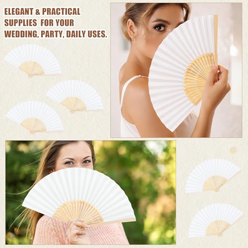 White Wedding Paper Fans Set of 100 with Storage Basket - Portable & DIY Friendly