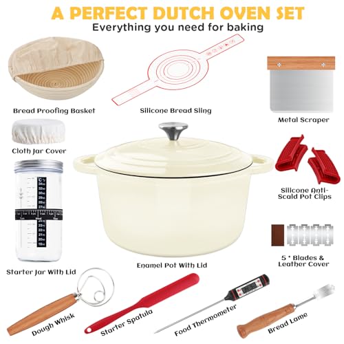 Cream White 5QT Enameled Cast Iron Dutch Oven Pot for Bread Baking with Lid