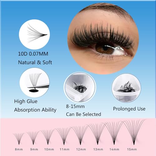500 Wispy Premade fans 10D 0.07 Mixed Volume Eyelash Extensions Tray-20D Fans,D Curl Lash Fans, Pointed Handmade Loose Thin Base Fans (500 Count (Pack of 1), 10D 0.07 8-15mm)