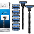 3-Blade Men Razor with Lubricating Strip & Pivoting Head - Safety Razor Blades Kit Includes 2 Handles, 12 Razor Blade Refills, Wall Hook & Cleaning Brush