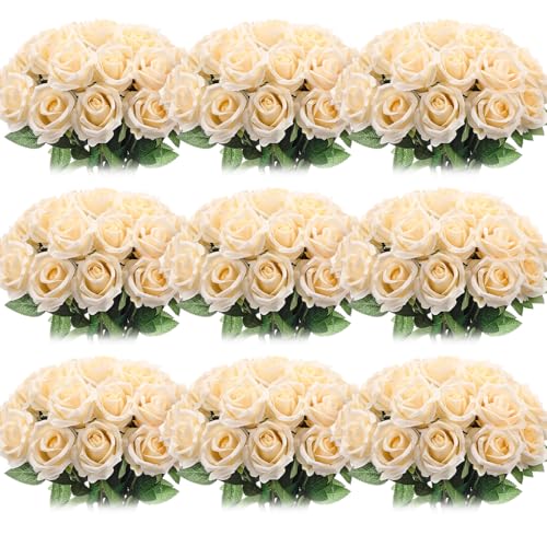 Artificial Champagne Rose Flowers Bulk Set - 100 Faux Florals for Weddings & Decor