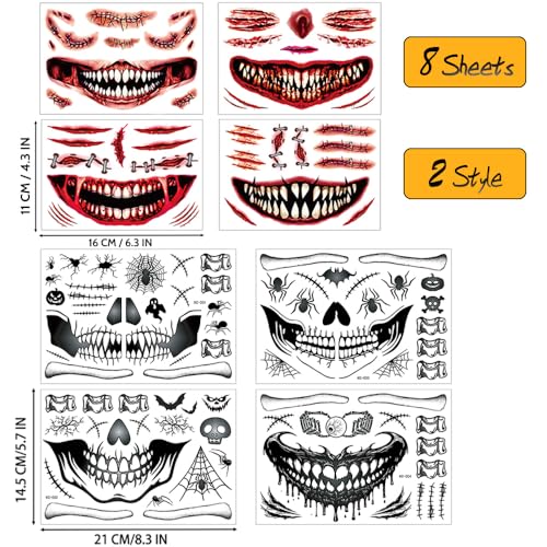 Halloween Makeup Temporary Halloween Tattoos Stickers Prank Chucky Witch Fake Face Decals Zombie Makeup Scar Skeletons Cosplay Tattoos DIY Eye Women Adult Mouth Clown Makeup Kit Party