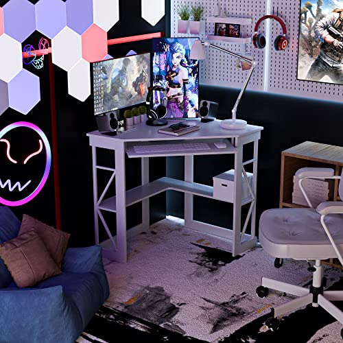 White Corner Desk with Keyboard Tray & Storage Shelves - Compact Triangle Office Table