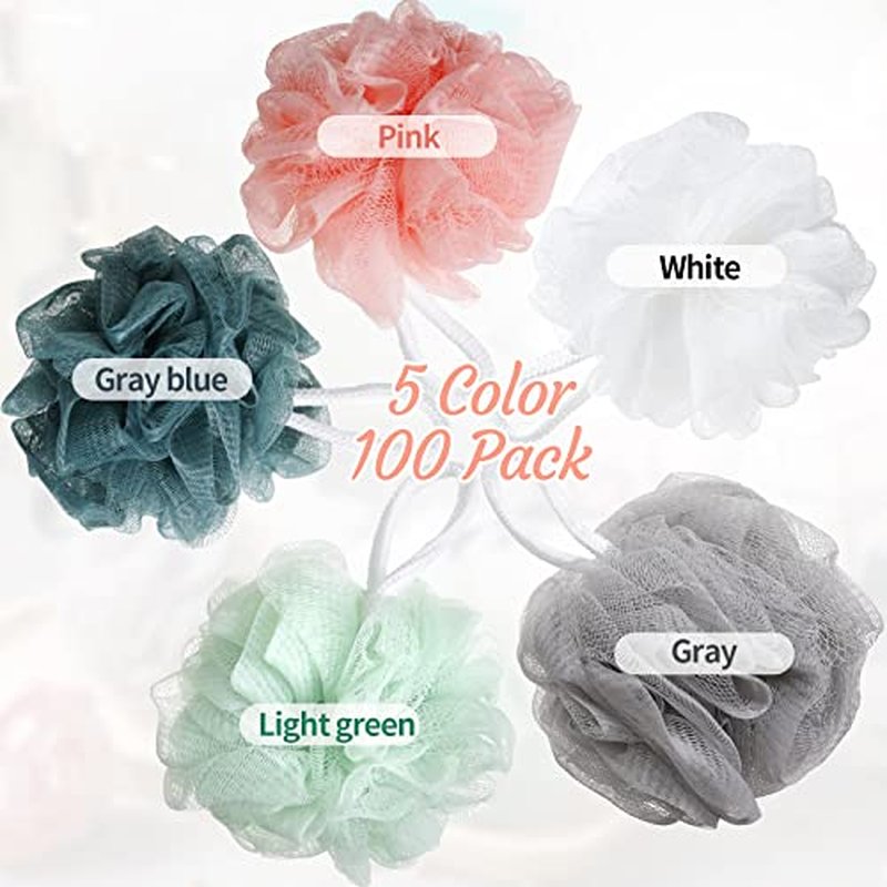 100 Pieces Bath Loofah Bulk Packs 30gram Shower Loofah Sponge Body Scrubber Shower Pouf Assorted Colors Sponge Ball Soft Mesh Puffs Exfoliating Body Bath Scrunchies for Men and Women