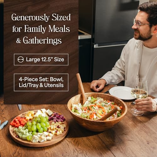 Public House Natural 12.5 Inch Wooden Salad Bowl Set with Utensils, Lid & Carry Strap