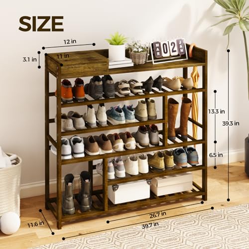 Dark Brown Bamboo Shoe Rack for Entryway - Large Capacity, Adjustable Storage