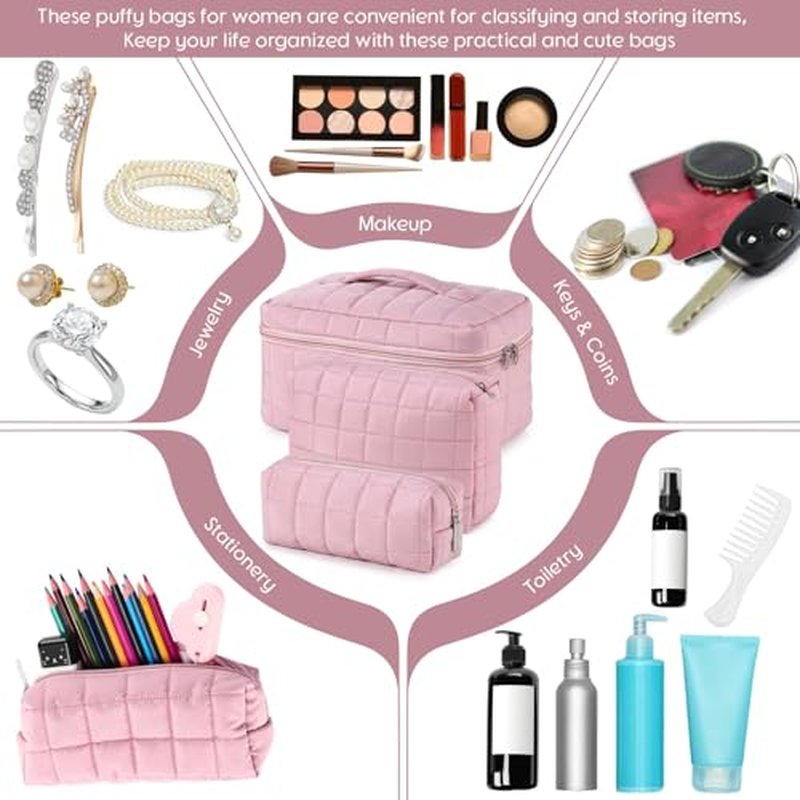 3 Pcs Large Puffy Makeup Bag Set Quilted Cosmetic Pouch for Women Cute Checkered Travel Toiletry Bag Puffer Makeup Organizer Purse Pouch Preppy Pencil Case with Zipper Valentine Gift(Pink)